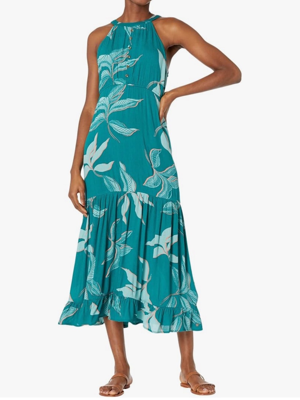 Roxy Teal Botanical Halter Maxi Dress